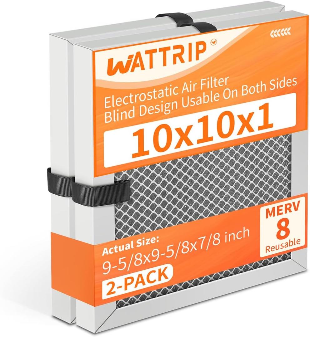 2-Pack 10x10x1 MERV 8 Reusable & Washable Electrostatic Air Filters - Long-Lasting Filter for HVAC Furnace & Air Conditioner Units, Actual Size: 9-5/8” x 9-5/8” x 7/8”