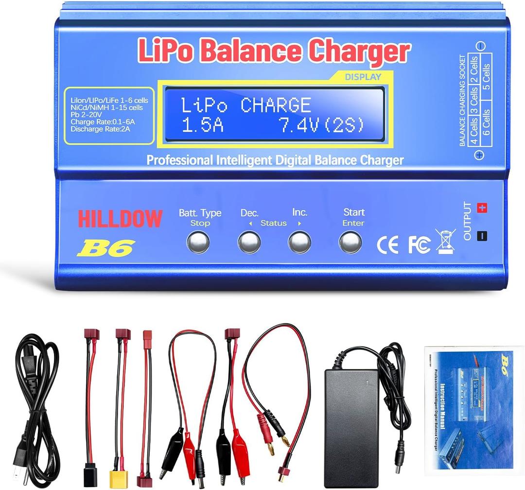 B6 Battery Charger 80W Mini Lipo Balance Charger/Discharger with Power Supply for LiPo/Li-ion/Life Battery(1-6s) NiMH/NiCd (1-15s) RC Car Charger XT60/JST/T Connectors
