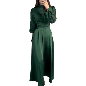 xxxiticat Women's Green Satin Dress Long Lantern Sleeve Mock Neck Puff Shoulder Tie Waist Pleated Cocktail Maxi Slip Dresses(GR, L)