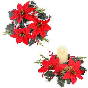 mdgfge 9 Inch Christmas Candle Rings Holder Artificial Poinsettia Flower Red Berry Pinecones Xmas Wreath Candle Holder Table Centerpiece Pillars for Christmas Dinner Party Wedding Holiday Decor