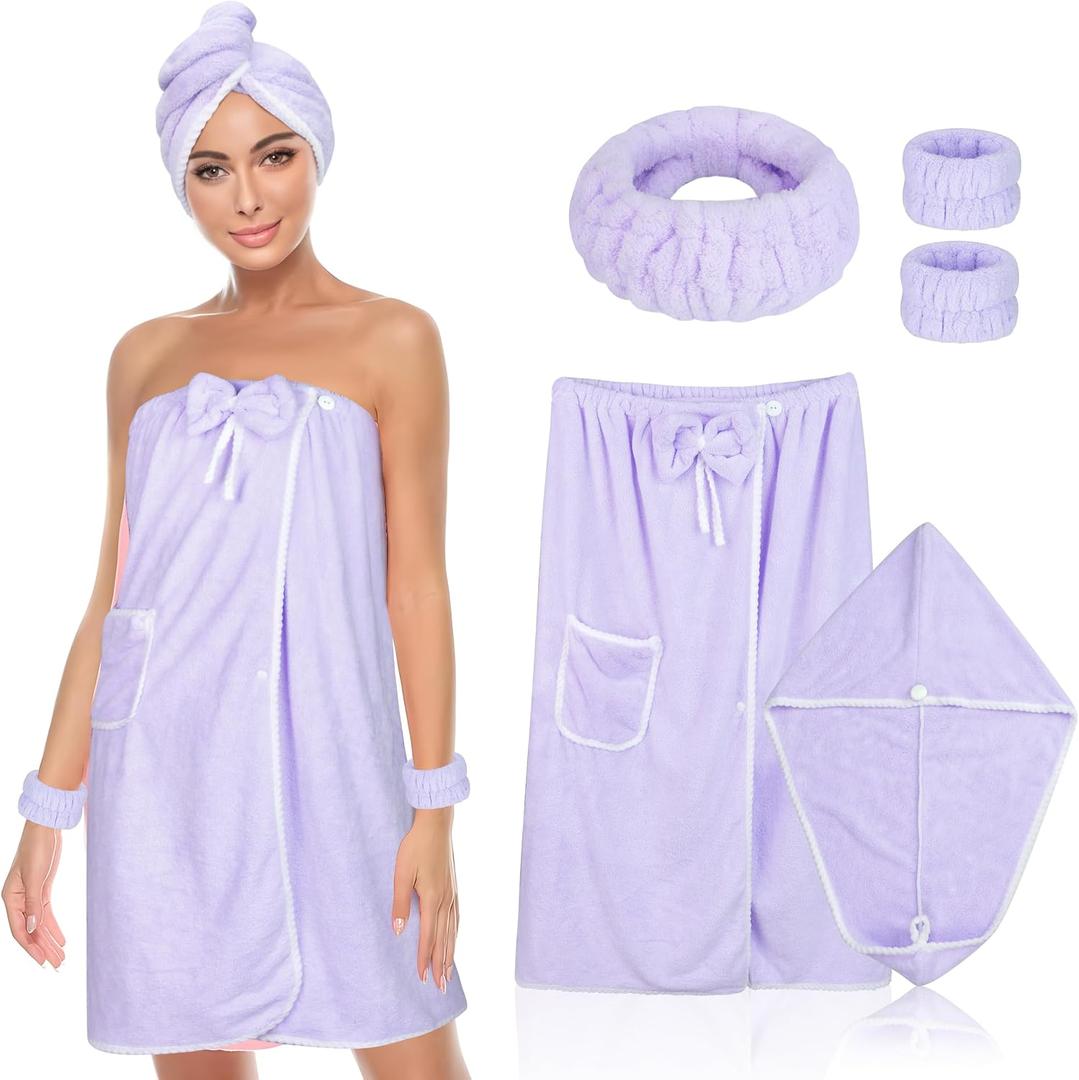Towel Wrap Women Shower Robe Adjustable Closure Bathrobe with Hair Drying Towel & Spa Wraps (Purple, M)