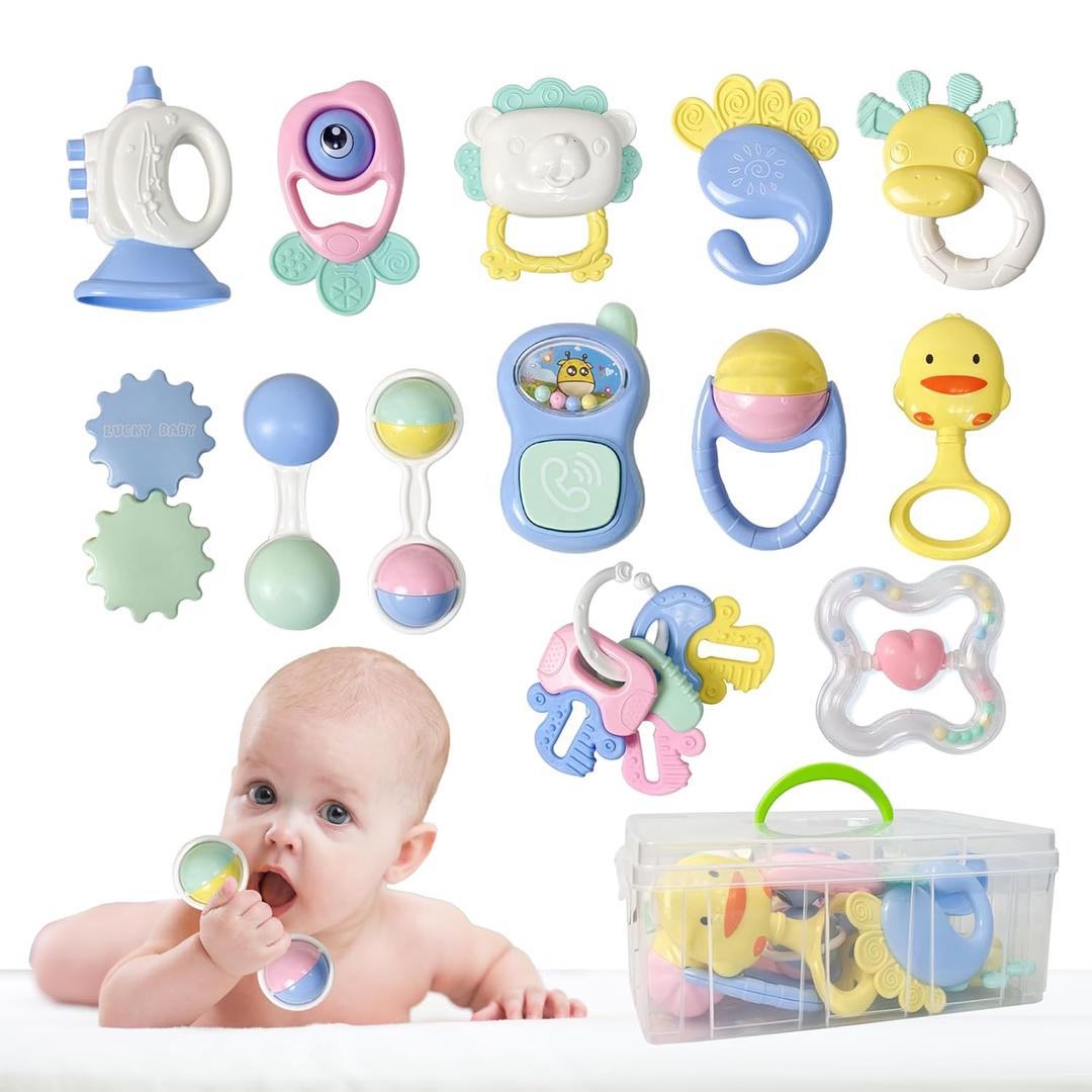 Cuterabit 13PCS Baby Rattles 0-6 Months, Baby Teething Toys with Storage Case, Infant Toys 0-3-6-12 Months, Baby Girl Toys, Best Newborn Christmas Gift for Babies Infants Boy Girl (Light Color)