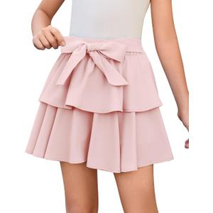 Girls Bow Mini Skirts Kids Elastic High Waisted Ruffle Tiered Skirt Party Dance Layered Skort for Teen 11-12Years