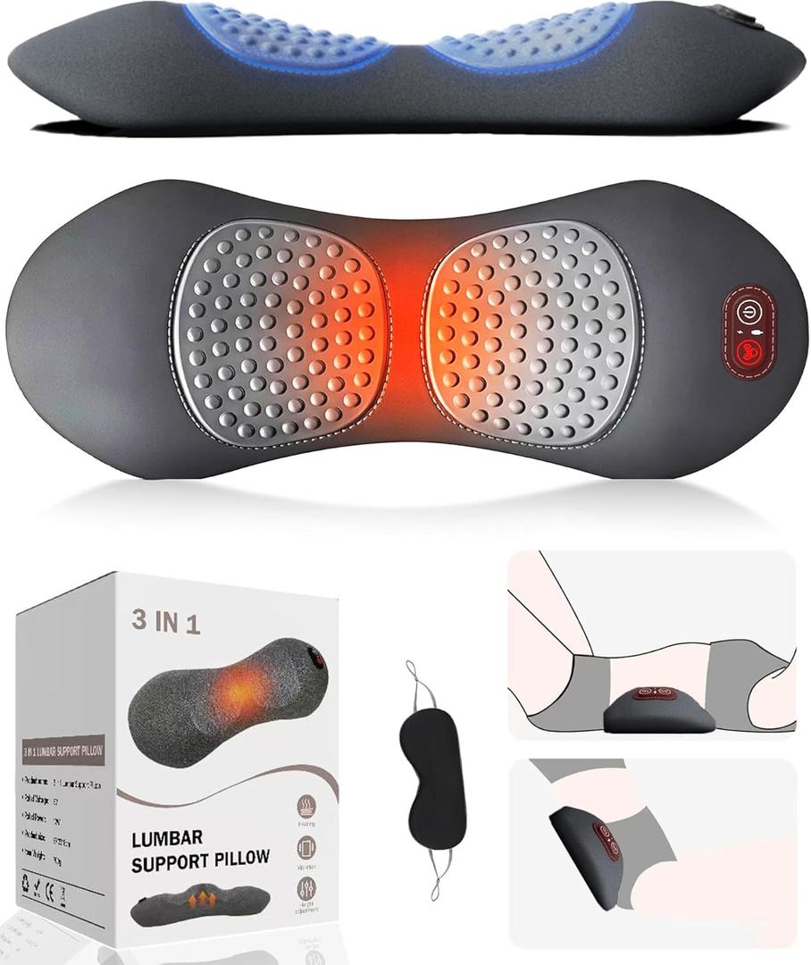 3 in 1 Electric Lumbar Support Pillow,Back Massager with Heat, Vibration, Traction,Lumbar Support Pillow Adjustable Height for Bed and Chair for Relief Deep Tissue,Waist Wedge Bolster