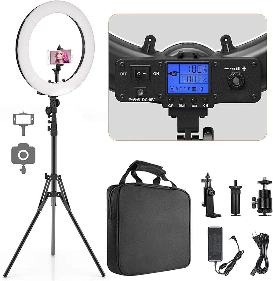 Pixel Ring Light, 19" Bi-Color LCD Display Ring Light with Stand, 55W 3000-5800K CRI≥97 Light Ring for Vlogging Selfie-Portrait Live Stream Video Photography Shooting