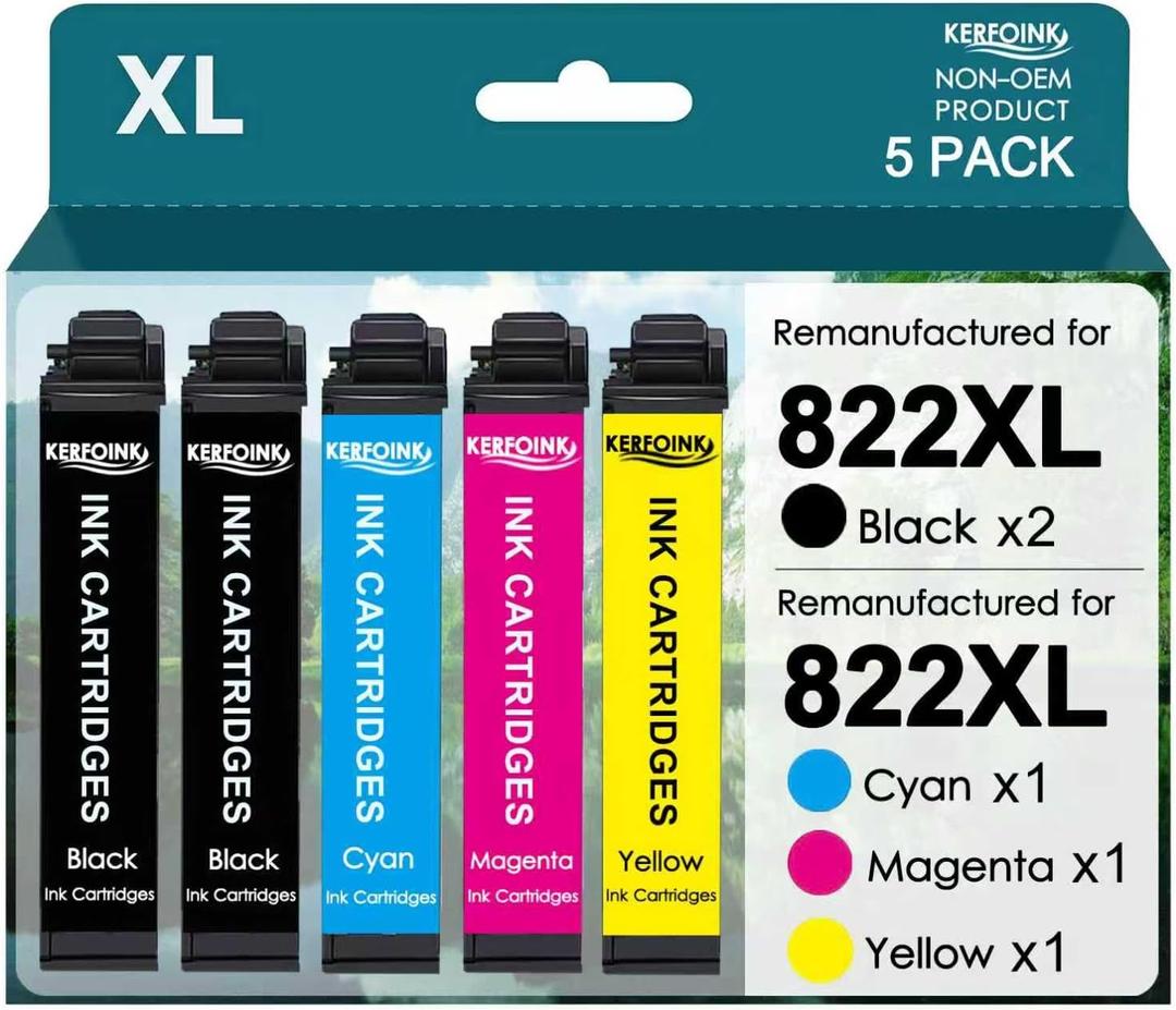 for 822XL Remanufactured Ink Cartridge Replacement for Epson 822XL Ink Cartridges 822 822 XL for Workforce Pro WF-3820 WF-3823 WF-4820 WF-4830 WF4833 Printer (Black Cyan Magenta Yellow, 5 Pack)