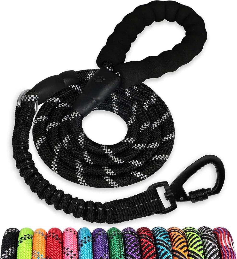 Rope Dog Leash 3 FT: Heavy Duty Leashes with Swivel Lockable Hook Reflective Threads Bungee and Padded Handle - Dog Lead for Large Small Medium Dogs Outside Walking Hiking Black (3ft*1/2'')