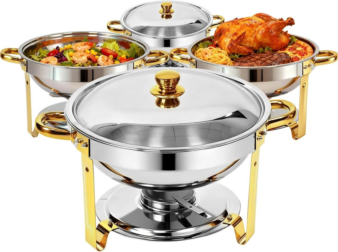 Chafing Dishes for Buffet 4 Pack, 6QT Round Chafing Dish Buffet Set 304 Stainless Steel Food Warmers for Parties Buffet Catering Events, Buffet Servers and Warmers, Chafers Servers Sets, Gold & Silver