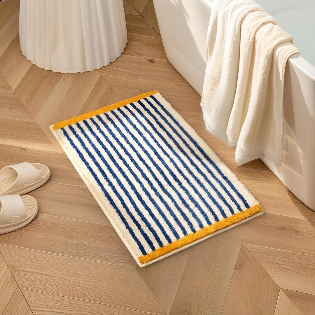 GIB Bathroom Rugs Mat 24" x 16", Extra Soft Absorbent Plush Fluffy Bath Rugs, Non-Slip Washable Bath Mats for Bathroom Floor Shower Home Decor Accessories, Blue & White Striped with Yellow Accents