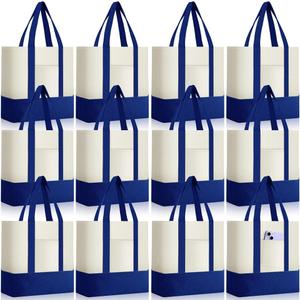 Sanwuta 12 Pcs Mini Canvas Tote Bags Bulk with Pocket Small Sublimation Blank Canvas Tote Reusable Grocery Bag for Women, DIY Craft (Royal Blue)