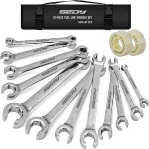 14-Piece Flare Nut Wrench Set with PTFE Tape, Metric & SAE Brake Line Wrench Offset 1/4"-7/8"& 9-21mm Set Double Open End with Organizer Pouch for Repairing and Removing Nuts 14-Piece Flare Nut Wrench Set with PTFE Tape, Metric & SAE Brake Line Wrench Offset 1/4"-7/8"& 9-21mm Set Double Open End with Organizer Pouch for Repairing and Removing Nuts