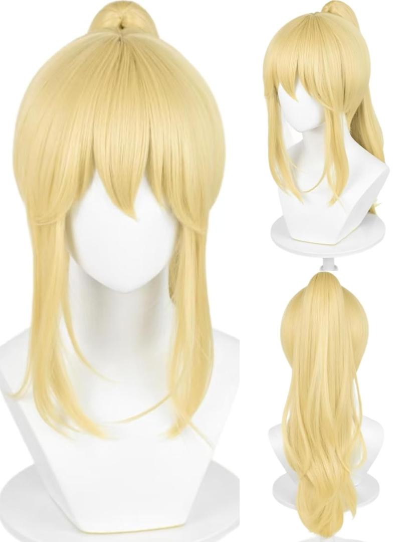 Half and Half Blonde Ponytail Wig with Bangs 29.5'' Blonde Anime Cosplay Wigs Princess Costume Wig for Women Halloween Party