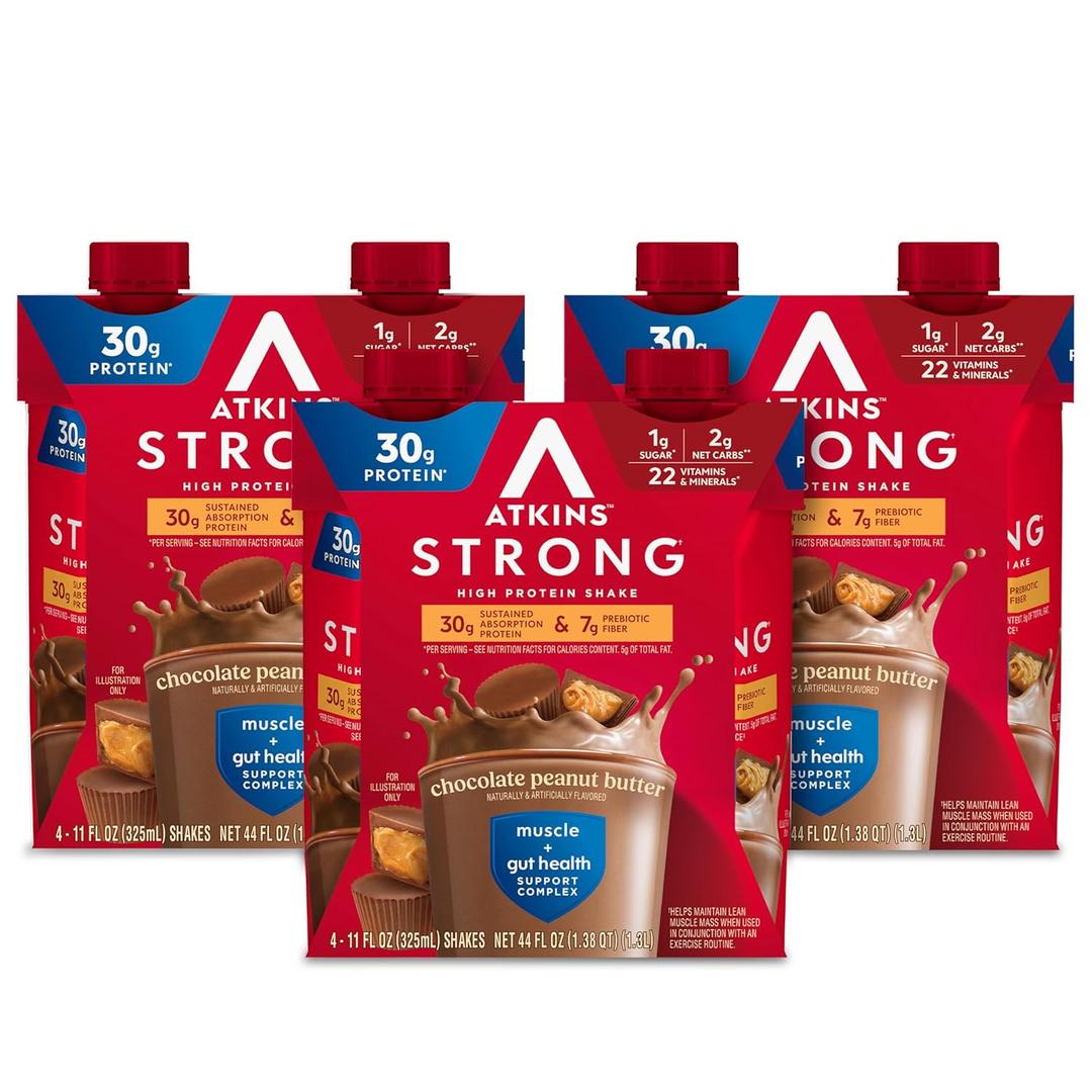 Atkins Strong High Protein Shake, Chocolate Peanut Butter Flavor, 30g Protein, GLP-1 Support, Low Carb and Low Sugar Shake, Keto Friendly, Gluten Free, Muscle and Gut Health Support, 12 Count (EXP 11/03/26)