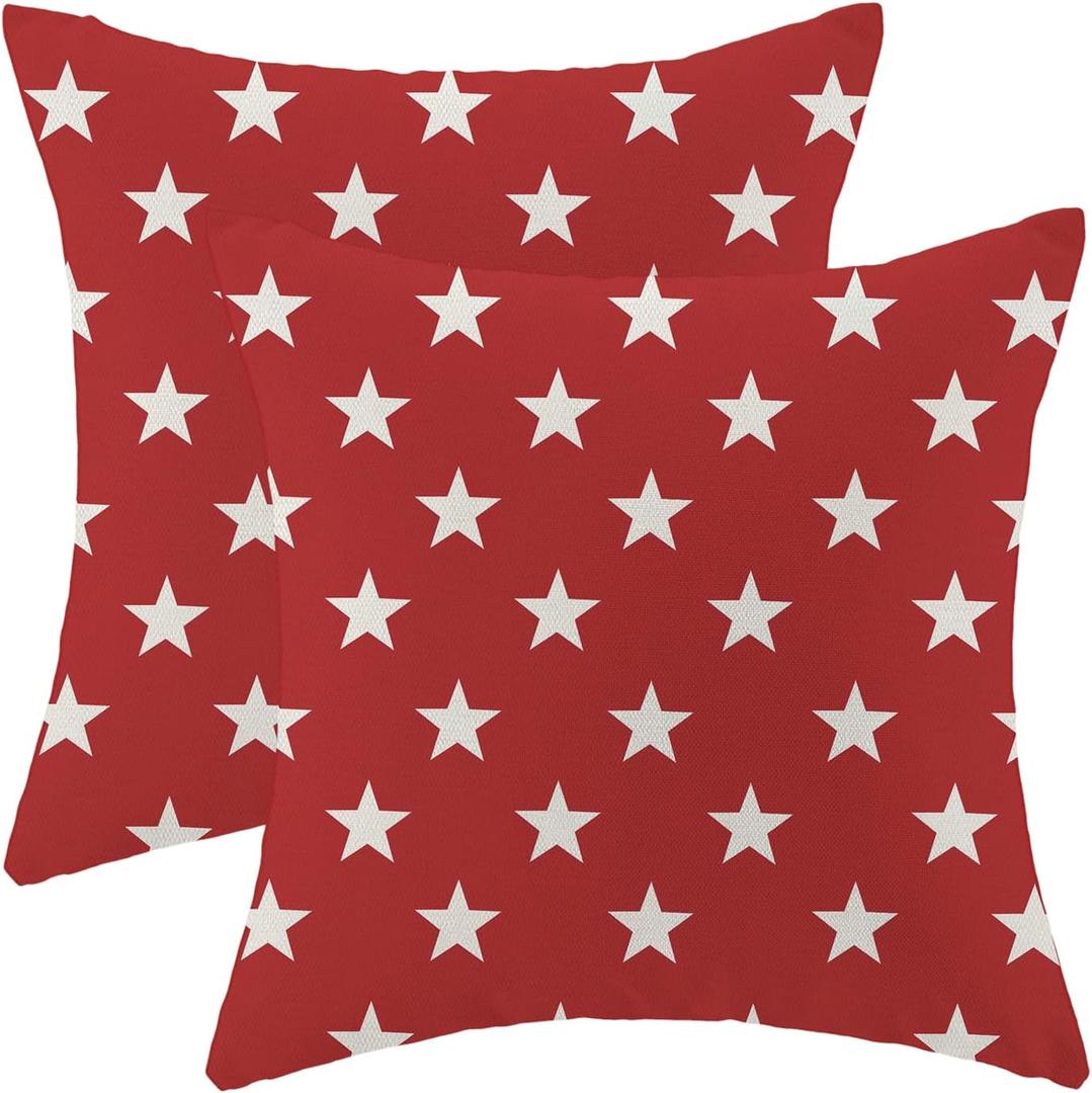 4th of July Pillow Covers 16x16 Set of 2, Red Independence Day Stars Decorative Outdoor Throw Pillows Linen Memorial Day Patriotic Cushion Pillow Covers for Sofa Couch Summer Outdoor Decor