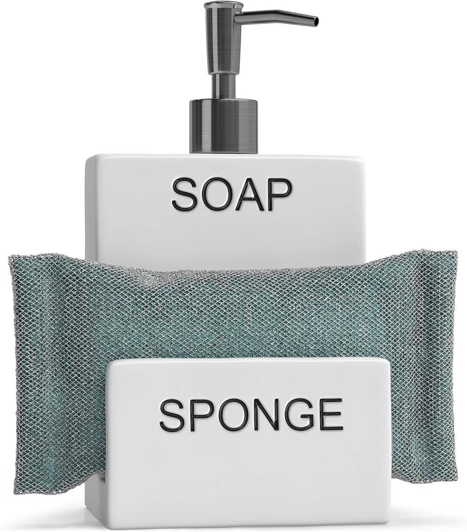 Barnyard Designs Ceramic Soap Dispenser with Sponge Holder - Farmhouse Kitchen Decor, Rustic Ceramic Soap Dispenser with Sponge Holder for Kitchen Sink Countertop, 4" x 7.5" (White)