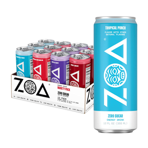 ZOA Zero Sugar Energy Drink Variety Pack, four Flavors, 12 Pack, 12 Fl Oz | Better for You Sugar Free Energy Drink with Plant Based Caffeine, Electrolytes, Vitamin B and C helping support hydration, BB 08-14-26