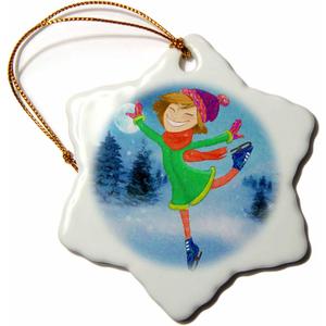 3dRose Female Ice Skater Kids Crayon and Pencil Drawing Style for Holidays Snowflake Ornament, 3"