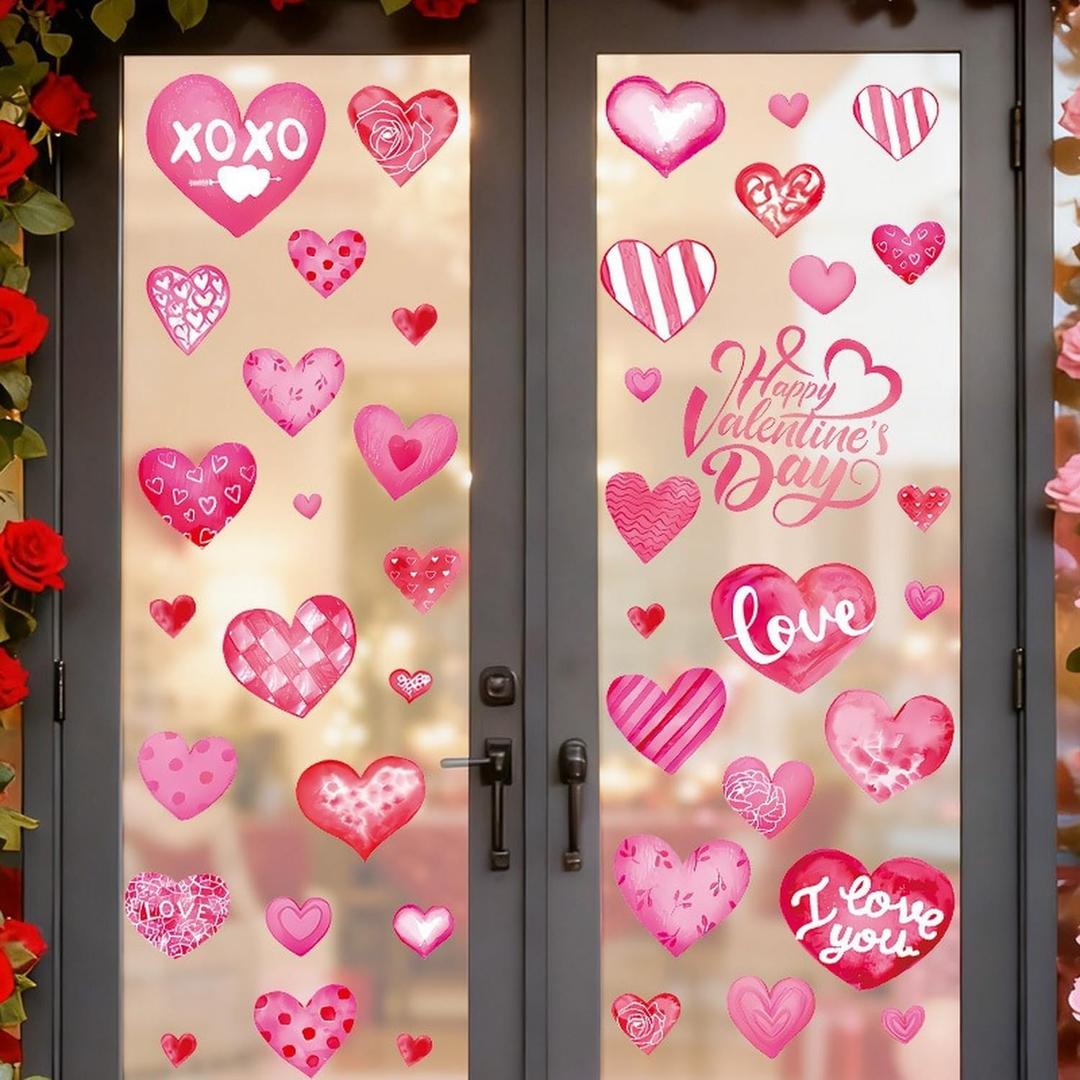 6 Sheets Valentines Day Decorations Heart Window Clings Red Pink Heart Window Glass Stickers Holiday Happy Valentine's Day Windows Decals for Home Office Party Glass Decor Supplies