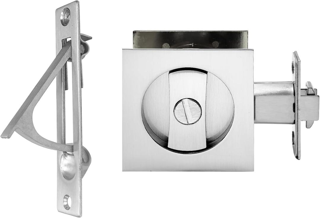Pocket Door Lock with Edge Pull,Privacy Door Hardware Suitable for Bathroom Bedroom etc Recessed 2 Sided, 2 3/8" Backset, Invisible Hardware for 1 3/8 to 2 3/16 Thickness Door (Sliver+Edge Pull)