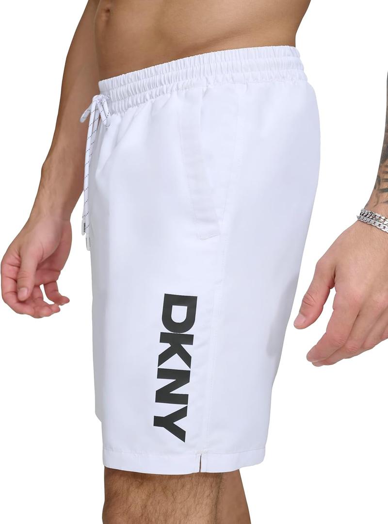 DKNY Mens Stretch Quick Dry Volley UPF 40+ Protection Swim Trunk (Medium, White)