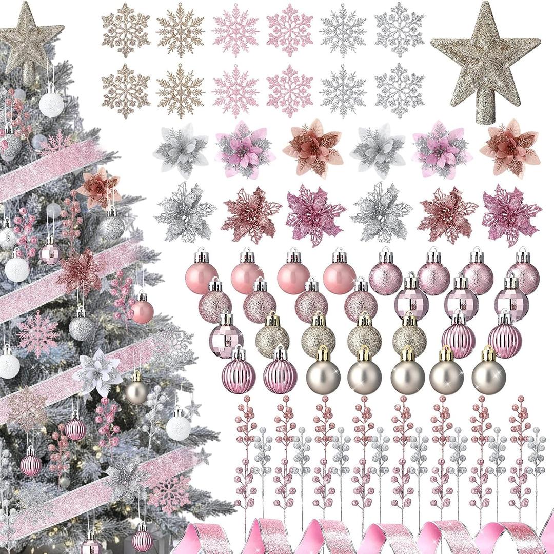 Realspring 91 Pcs Christmas Tree Ornaments Set, Hanging Christmas Balls Poinsettia Flowers Snowflakes Berries Star Topper Pine Needles with Ribbons for Holiday Xmas Home Decoration(Pink Series)