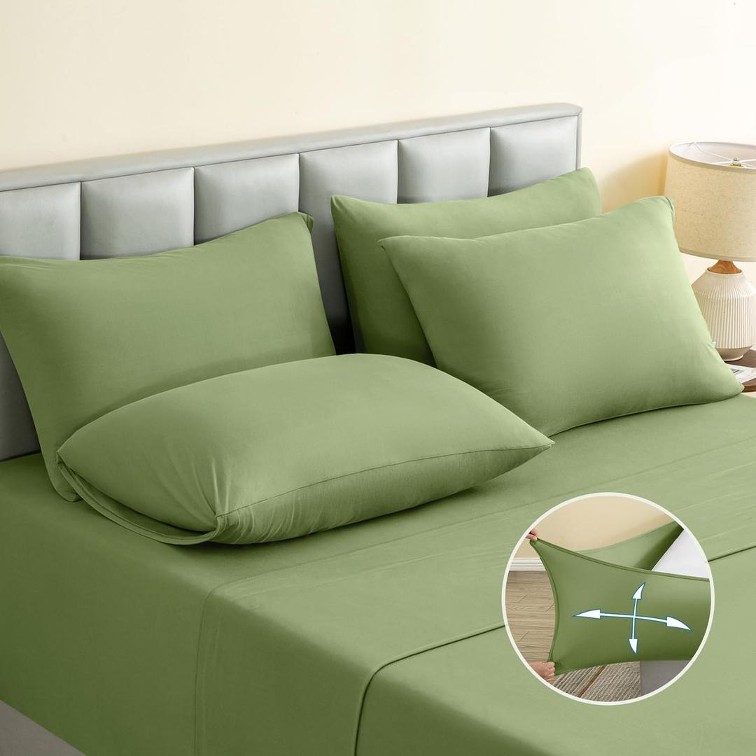 BYSURE Jersey Knit Queen Sheet Set 6 Pieces, Stretch Super Soft and Wrinkle-Free Bed Sheets, Spandex Blend with 18-inch Deep Pocket, Sage Green