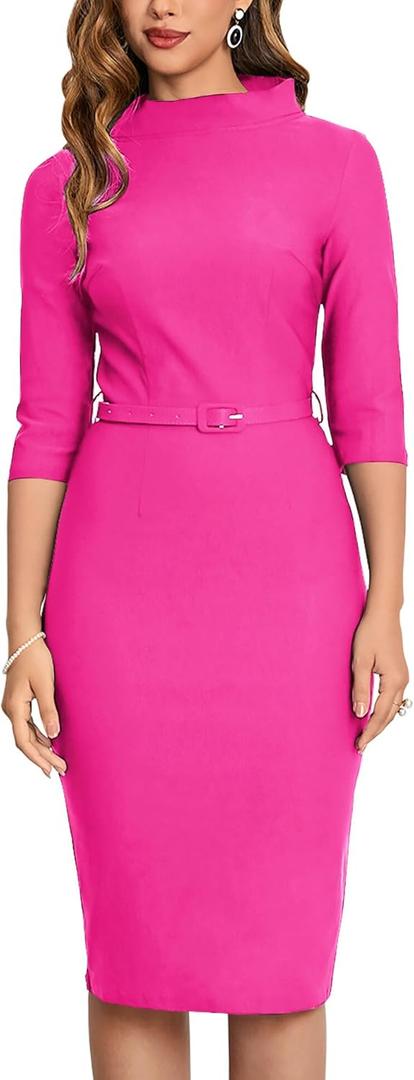 MUXXN Women's 1950s Vintage 3/4 Sleeve Elegant Collar Cocktail Evening Dress (Medium, Hot Pink)