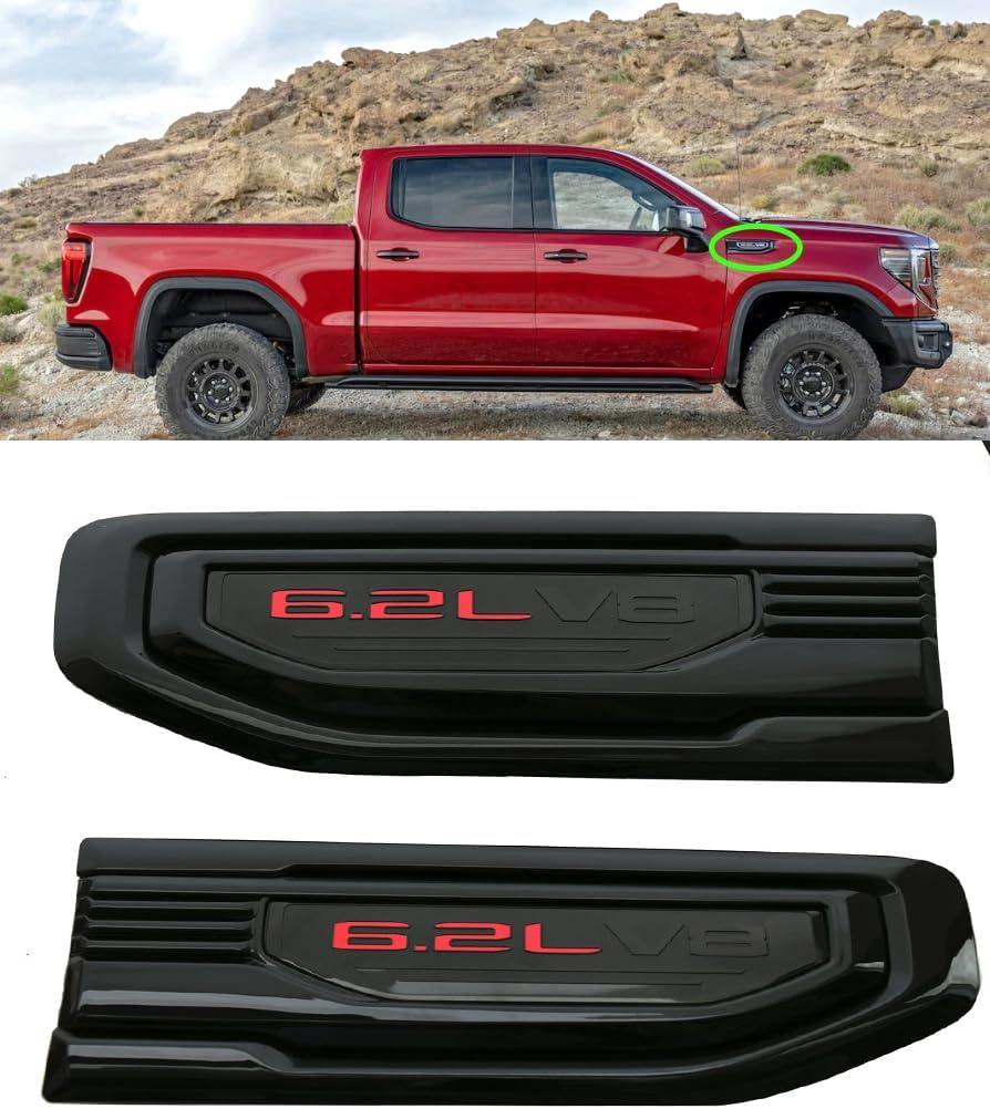 Pair New 6.2L V8 Vent Decal Emblems Kit 3D Driver Passenger Side Badge Compatible with 2019-2024 GMC Sierra GM 85160715 86532094 (Black Red)