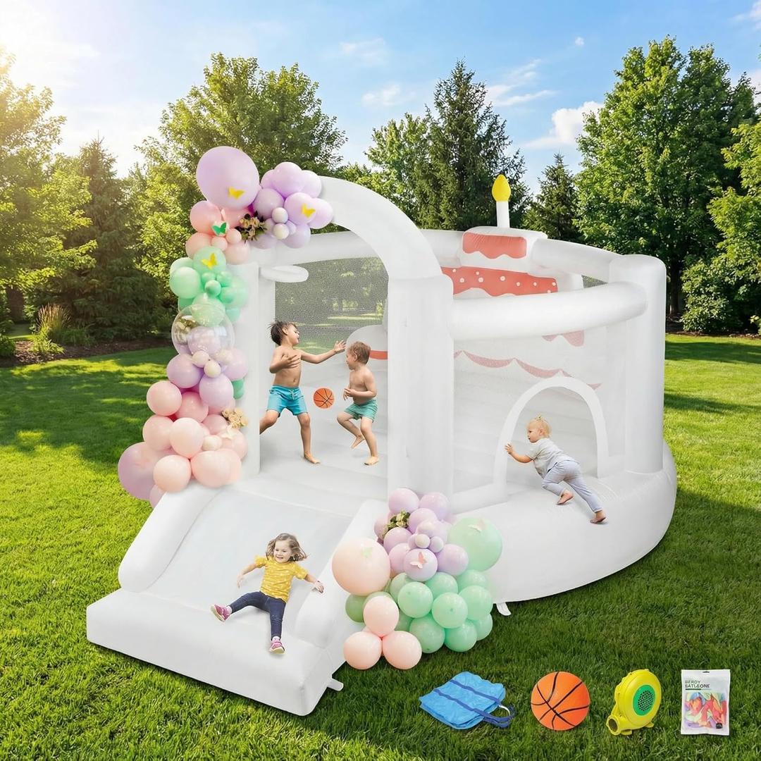 (2025 New) JOYMOR Bounce House for Kids (12FTx10FTx7.2FT) with Slide, Balloons, Spacious Bouncer, White Bounce House for Kids Birthday Party w/Blower 30s Set-up, Portable Bag (Cake)