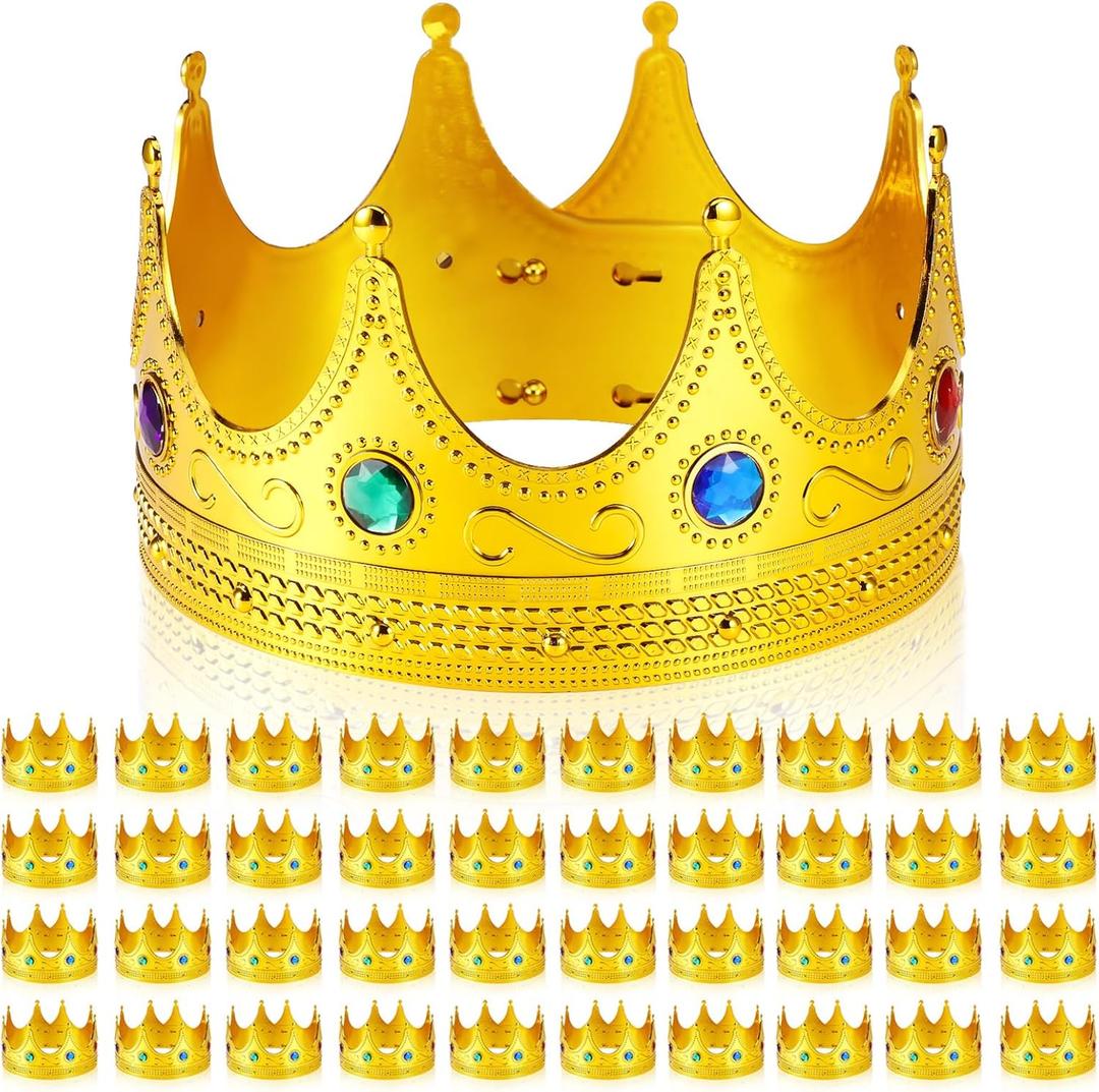 Hanaive King Crowns for Adults Kids Gold Royal Plastic Crown Jeweled for King Queen Prince Princess Costume Cosplay Party