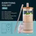 Pandaloo Glass Cups With Lids and Straws -20 Fl Oz- Perfect Size Iced Coffee Cup - Smoothie Cup With Bamboo Lid and On the go Lid (Creamy Mushroom, 1 Count (Pack of 1)
