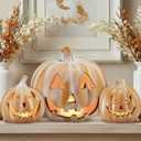 3 Pcs Large Halloween Light up Pumpkin Fall Home Decorations Plastic Terracotta Pumpkins 5''- 9'' Jack O' Lantern Outdoor Indoor Battery Operated Lighted Pumpkin with Spooky Face