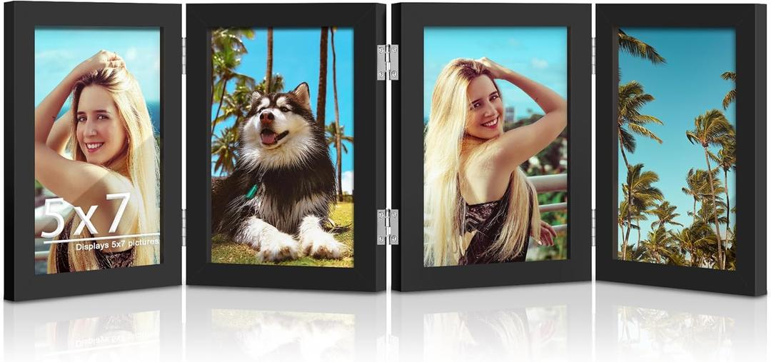 4 Folding 5x7 Picture Frame Horizontal Engineered Wood Accordion Photo Frame with Plexiglass Tabletop Bookshelf Display Black