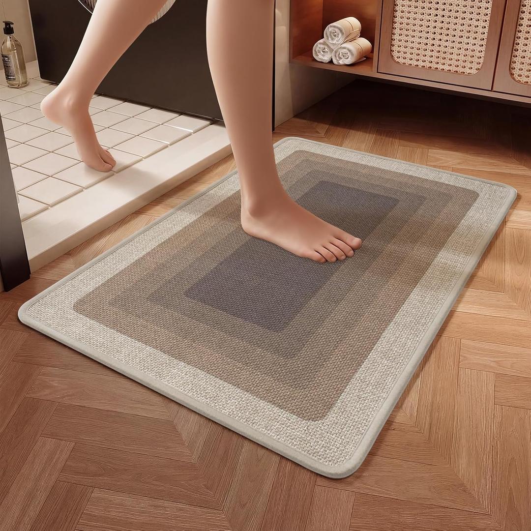 Non Slip Bath Mat Bathroom Rugs, Quick Dry Super Absorbent Washable Shower Bath Mats, Rubber Backing Ultra Thin Bathroom Rug Fit Under Door, Brown 20x32
