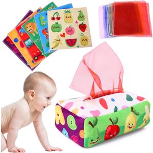 Baby Toys 6 to 12 Months - Tissue Box Toy Montessori for Babies 6-12 Months, Soft Stuffed High Contrast Crinkle Infant Sensory Toys, Boys&Girls Kids Early Learning Gifts (Colorful)