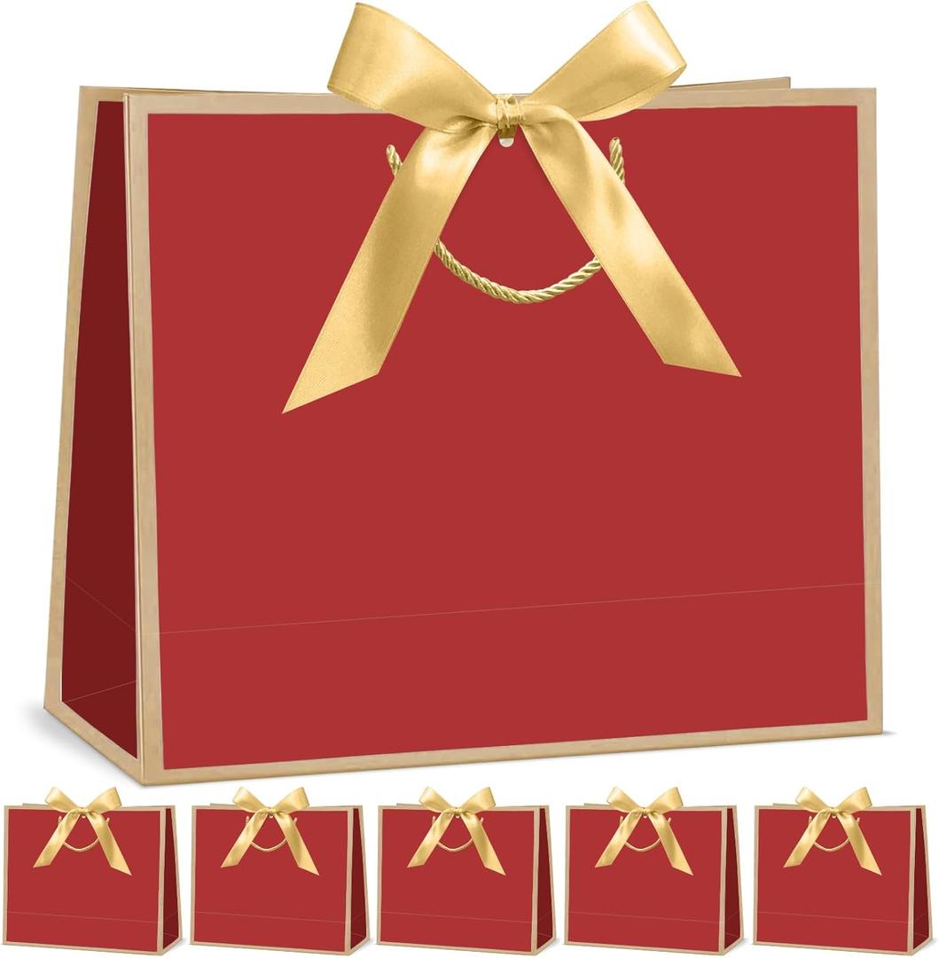 CINSOEN 12 Pcs Paper Gift Bags with Handles, Thank You Gift Bag with Ribbon Bow for Christmas Graduation Wedding Bridesmaid Birthday Baby Shower Party Valentine's Day, 12.4x9.8x4.3 inches (Red, Gold)