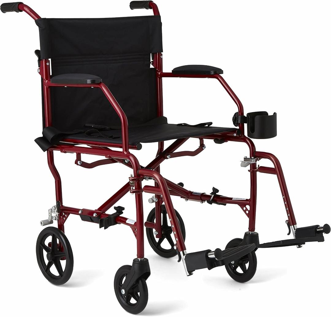 Medline Ultra Lightweight Transport Wheelchair for Adults, Foldable, 19-Inch Seat Width, Red Frame, Black Upholstery