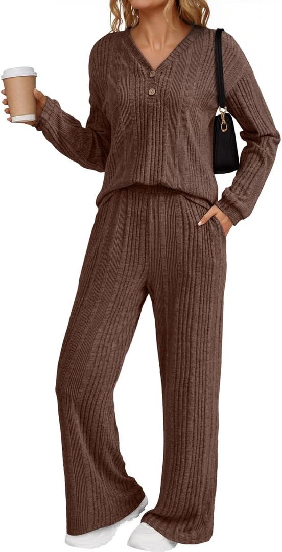 Dokotoo 2 Piece Lounge Sets for Women Ribbed Knit Button V Neck Long Sleeve Tops Matching Pants Pajamas Set 2025 Fall Outfits (Small, Brown)