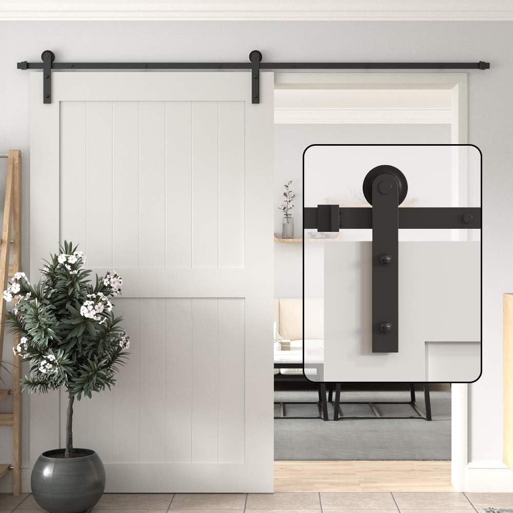 WINSOON 8FT/244CM Sliding Door Track System Barn Door Hardware Sliding Door Kit for Single Wood Door, Frosted Black Carbon Steel I Shape Hanger (Single Door Kit)