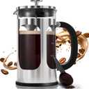 BAYKA 34oz French Press Cold Brew Coffee Maker, Heat and Cold Resistant Thickened Borosilicate Glass Stainless Steel Coffee Press, Iced Coffee Pot Tea Pitcher for Kitchen Travel Camping,1 Liter,Silver