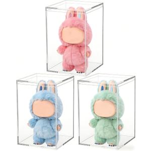 3 Pack Clear Plastic Stackable Display Case with Lid Display Case Compatible with Labubu POP MART Acrylic Clear Display Box Shelf Figure Display Case for Plush Collectibles Figurines (4x4x6")