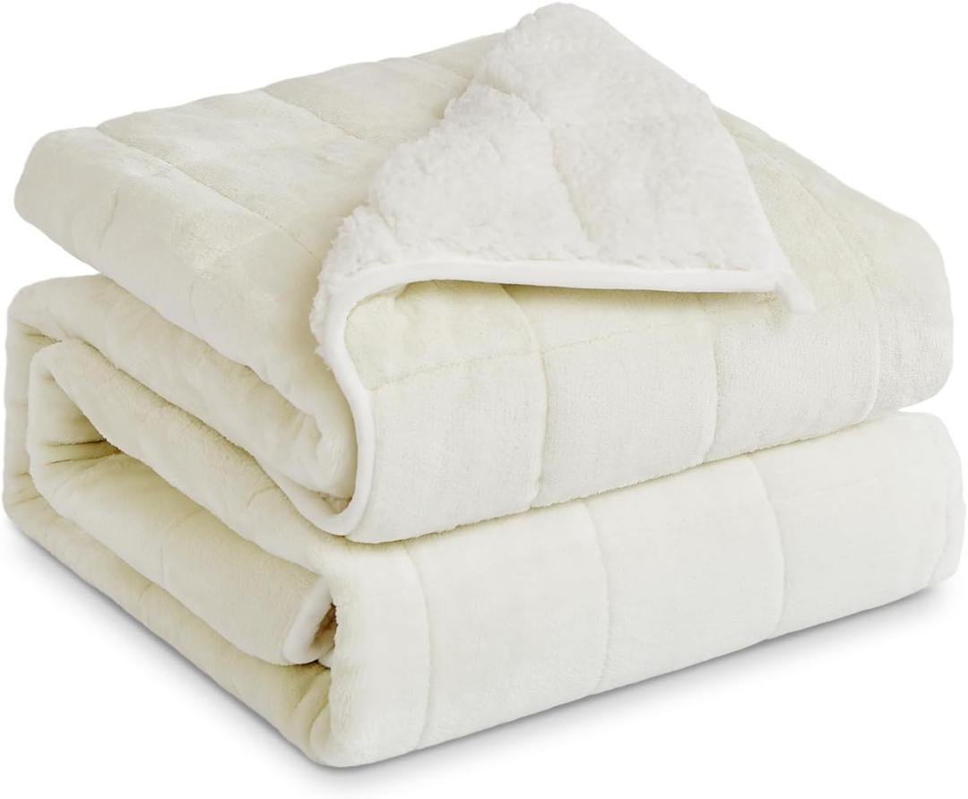 Sherpa Fleece Adult Weighted Blanket, 15 Pounds Dual Sided Soft Plush Blanket for Couch Bed Sofa, Heavy Thick Blankets with Glass Beads Great for Sleep, 60 x 80 inches, Cream White on Both Sides