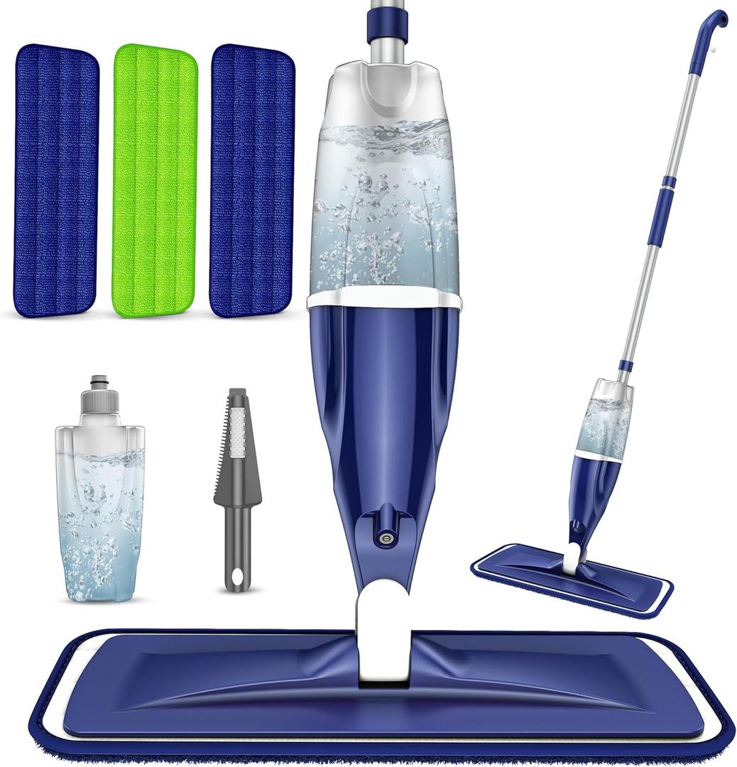 Microfiber Spray Mop for Floors Cleaning: Wet Dry Hardwood Floor Mops with 3 Washable Reusable Pads for Swiffer Powermop - Flat Mop with Sprayer for Tile Wood Laminate Vinyl Marble (Dark Blue)