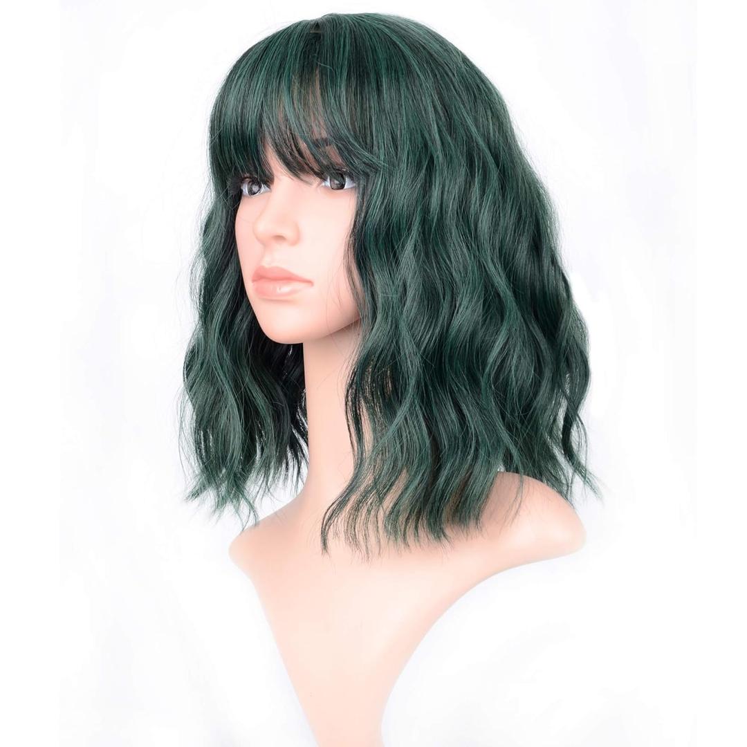 VCKOVCKO Short Bob Wigs Pastel Wavy Wig With Air Bangs Women's Shoulder Length Wigs Curly Wavy Synthetic Cosplay Wig Pastel Bob Wig for Girl Colorful Costume Wigs(12", Mix Green)