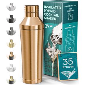 BARE BARREL Insulated Cocktail Shaker Set | Double Wall Stainless Steel | Martini Shaker for Home Bar Bartending | Built-in Drink Measure System & Strainer, Travel Bag, Recipes | Gift Set (Copper)