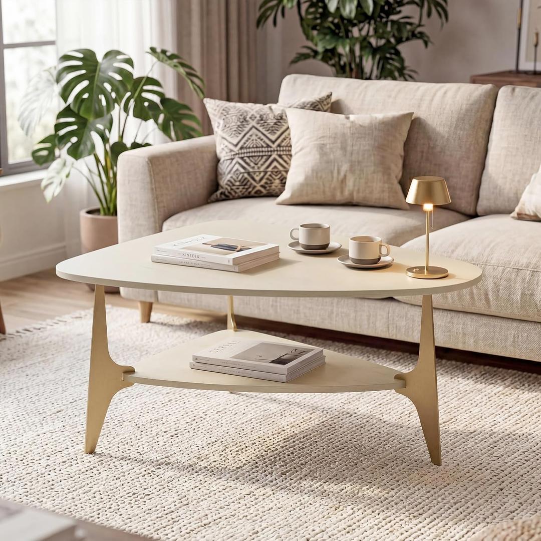MWOOD Triangle Coffee Table, 33.5″‌ Modern Coffee Table with Storage Shelf, Waterproof Easy to Clean Center Table for Living Room, Apartment, White & Gold, 33.5"W x 26.8"D x 16.94"H