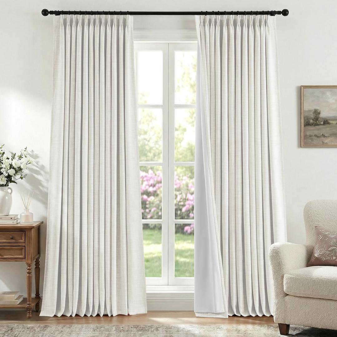 HOMEIDEAS Ivory White Pinch Pleated Curtains 100% Blackout,Linen Blend Modern Farmhouse Luxury Thermal Insulated with Adjustable Hooks, for Living Room Bedroom Decor, 40" Wx96 L 2 Panels