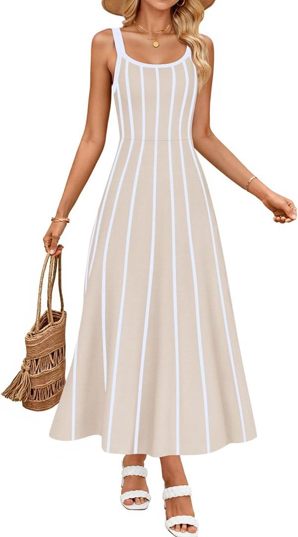 ZESICA Womens 2026 Summer Sleeveless Striped Midi Dresses Casual A Line Swing Knit Long Dress Beach Vacation Clothes (Medium)