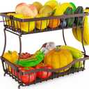 Bronze 2 Tier Large Fruit Basket for Kitchen Counter with 2 Banana Hangers, Metal Fruit Bowl for Onion Vegetable Bread Snack, Countertop Organizer  14.5" W x 9.5" D