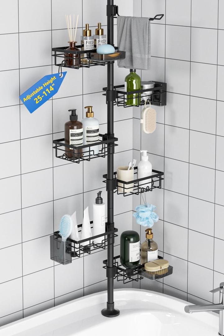 GearFusion Shower Caddy Organizer Tension Pole, Rustproof 4 Tier Corner Shower Rack with 25114 Inch Adjustable Height for Bathroom Storage, Extra Towel Rack, Soap Dish and Toothbrush Holder, Black
